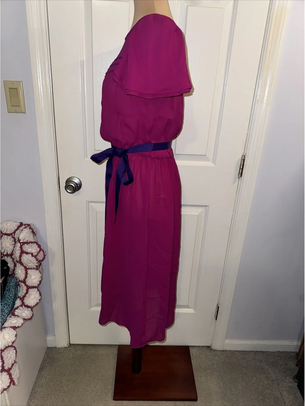 Vintage 80s Fushia Chiffon Boho Secretary Light Sheer Midi Dress size 6/8
